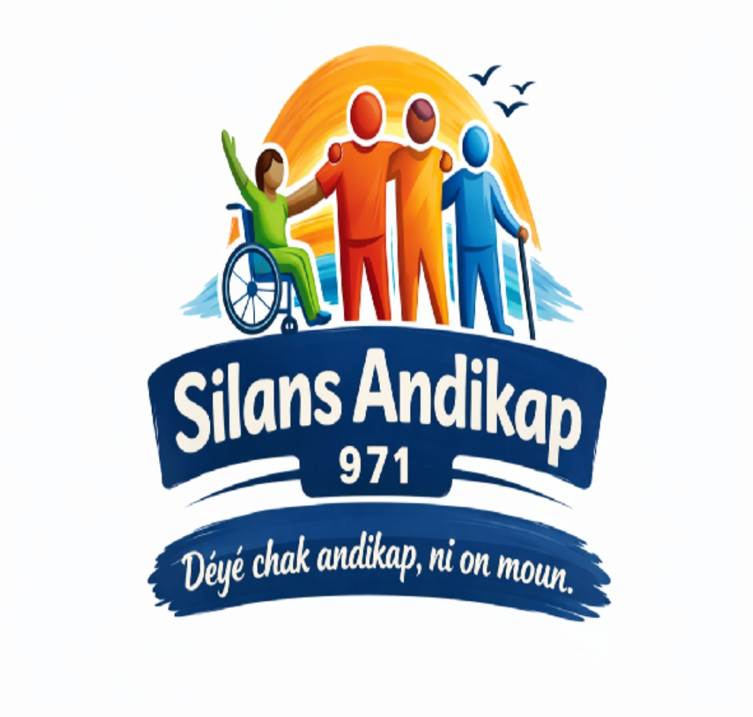Logo de Silans Andikap 971 : quatre personnes solidaires devant un lever de soleil