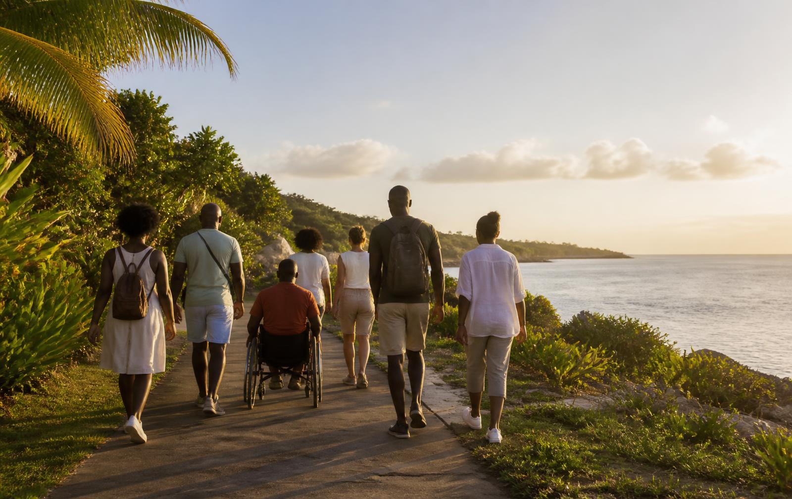 Groupe inclusif avançant ensemble sur un sentier côtier de Guadeloupe