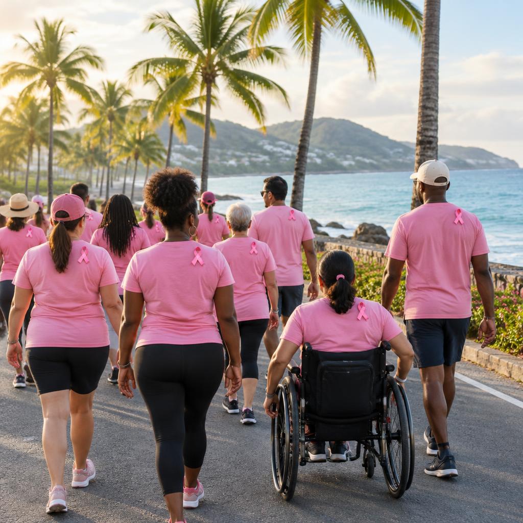 Groupe de personnes en tee-shirts roses portant le ruban d’Octobre Rose, dont une personne en fauteuil roulant, marchant ensemble le long du littoral